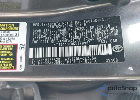 2019 Toyota Camry Se from USA, damaged, VIN 4T1B11HK0KU278969